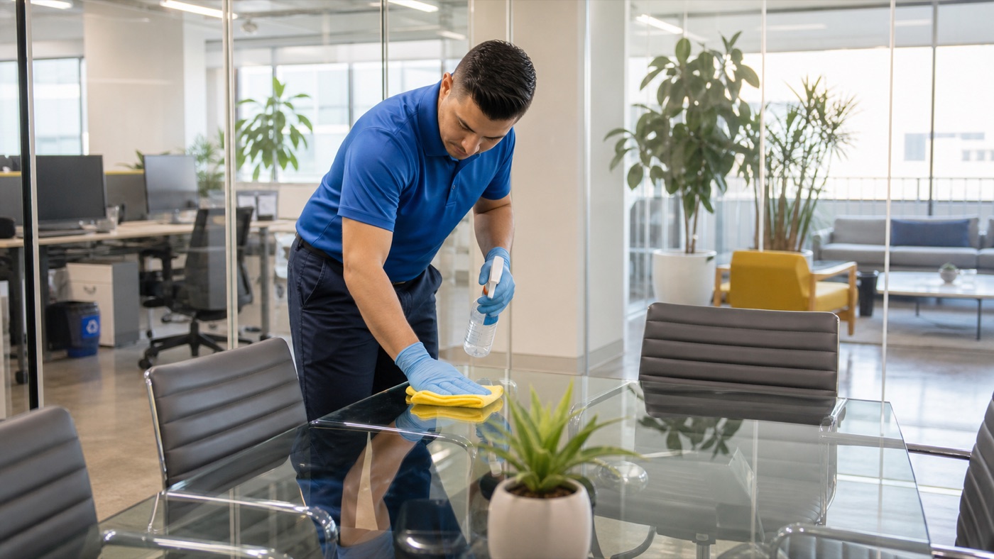 Professional cleaner wiping a glass conference table in a bright modern office