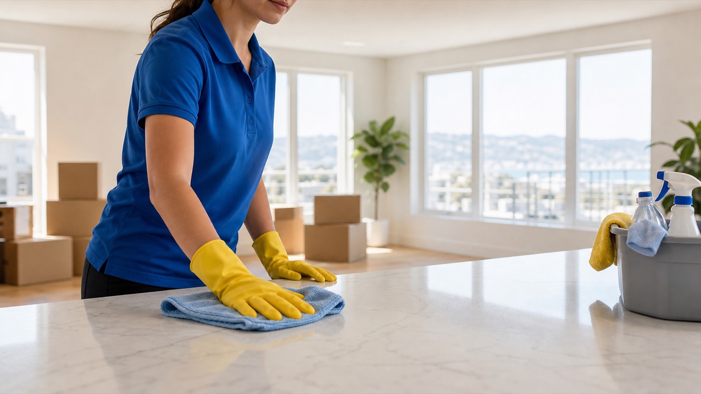 Professional move-in and move-out cleaner wiping a countertop in a bright Bay Area home